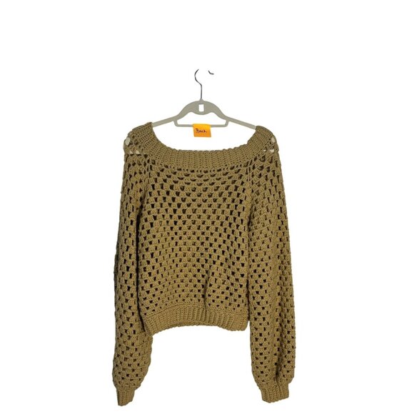 Handmade Crochet Open-Knit Beige Sweater With Ribbed Collar & Cuffs - Picture 2 of 9